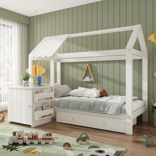 Lit Cabane Enfant 90x200 Cm En Bois Massif Blanc Avec Tiroir Et Table De Chevet Amovible