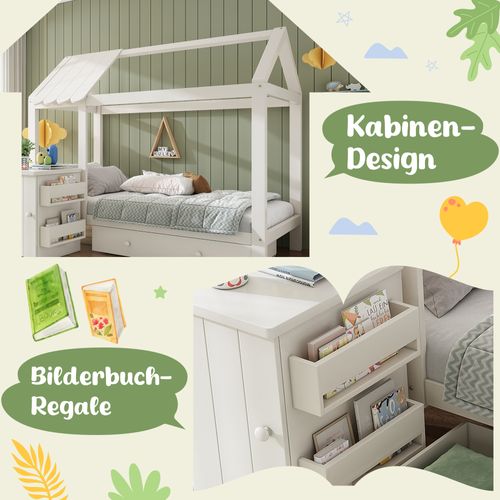 Lit Cabane Enfant 90x200 Cm En Bois Massif Blanc Avec Tiroir Et Table De Chevet Amovible