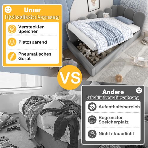 Lit Banquette 90x190 Cm Gris En Velours Avec Rangement Hydraulique Et Sommier En Métal