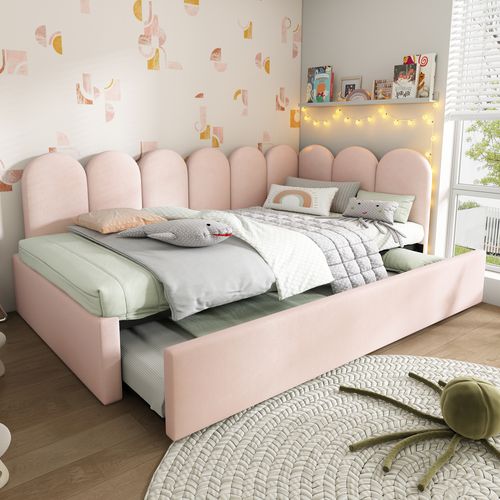 Lit Gigogne 90x200 Cm Rose En Velours Avec Lit Gigogne 90x190 Cm, Sans Matelas