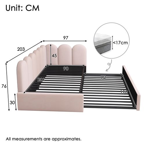 Lit Gigogne 90x200 Cm Rose En Velours Avec Lit Gigogne 90x190 Cm, Sans Matelas