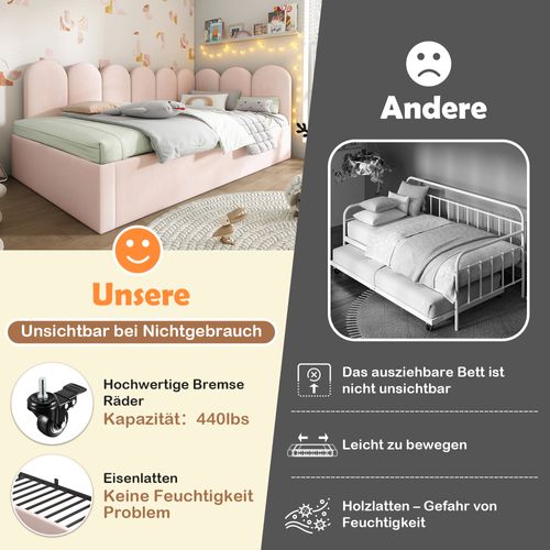 Lit Gigogne 90x200 Cm Rose En Velours Avec Lit Gigogne 90x190 Cm, Sans Matelas