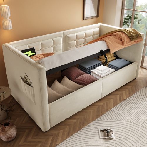 Canapé-lit 90x200 Cm En Velours Beige Avec Rangement Hydraulique Et Charge USB/type-c