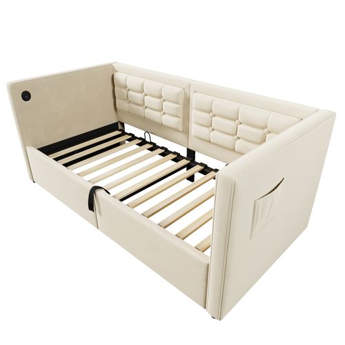 Canapé-lit 90x200 Cm En Velours Beige Avec Rangement Hydraulique Et Charge USB/type-c