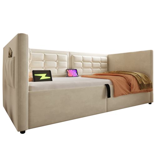 Canapé-lit 90x200 Cm En Velours Beige Avec Rangement Hydraulique Et Charge USB/type-c