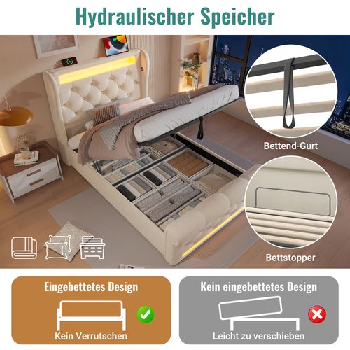 Lit enfant 90x200 Cm Avec LED, Tête De Lit Avec Rangement, Ports USB-c, Coffre, Velours Beige