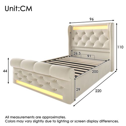 Lit enfant 90x200 Cm Avec LED, Tête De Lit Avec Rangement, Ports USB-c, Coffre, Velours Beige