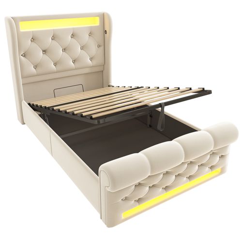 Lit enfant 90x200 Cm Avec LED, Tête De Lit Avec Rangement, Ports USB-c, Coffre, Velours Beige