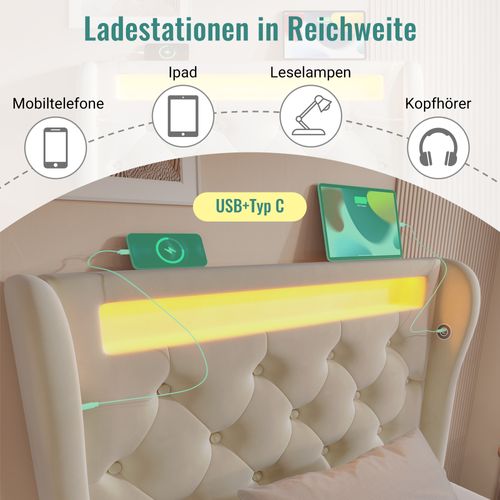 Lit enfant 90x200 Cm Avec LED, Tête De Lit Avec Rangement, Ports USB-c, Coffre, Velours Beige