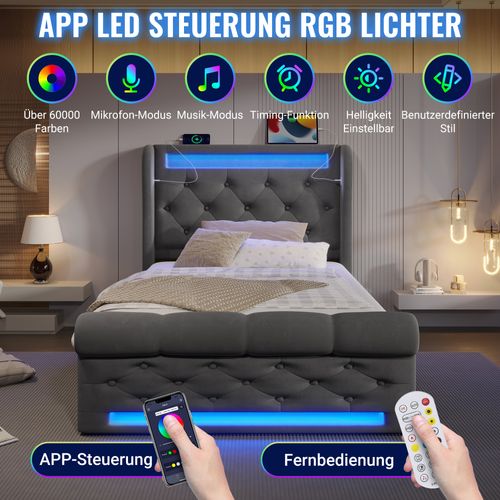Lit Simple 90x200 Cm Avec LED, Tête De Lit Avec Rangement, Ports USB-c, Coffre, Velours Gris