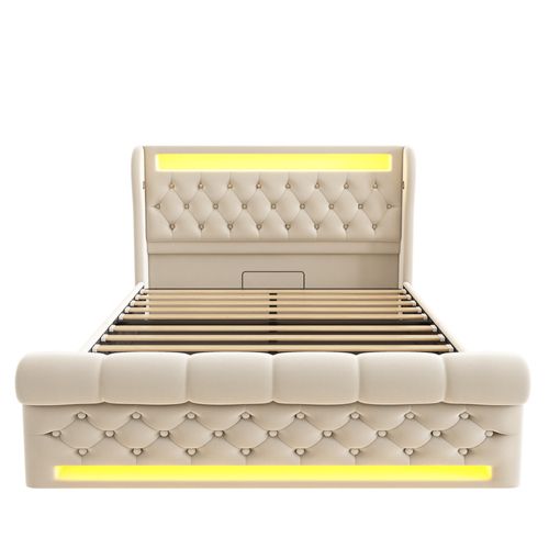 Lit Double 160x200 Cm Avec LED, Ports USB-c, Coffre Hydraulique, Tête De Lit En Velours Beige