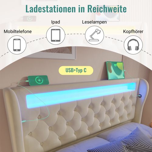 Lit Double 160x200 Cm Avec LED, Ports USB-c, Coffre Hydraulique, Tête De Lit En Velours Beige