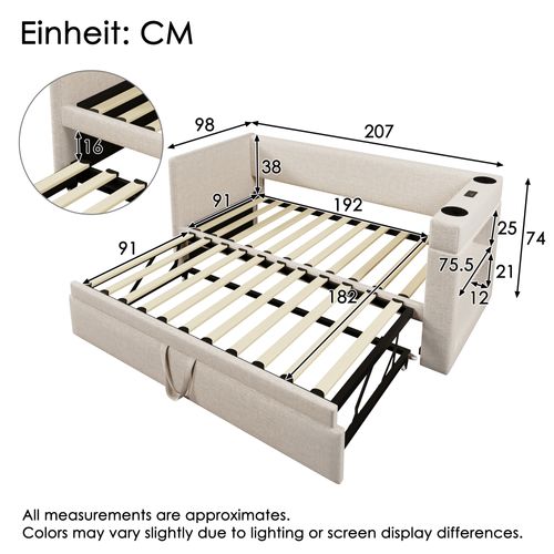 Canapé-lit 90x190 Cm Avec Lit Gigogne, Accoudoirs USB Et Type-c, Lin Beige, Sans Matelas