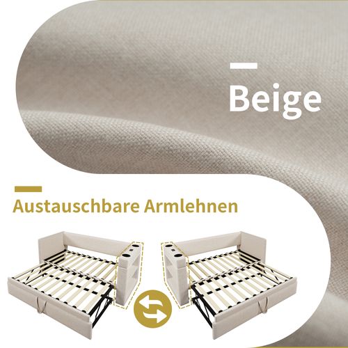 Canapé-lit 90x190 Cm Avec Lit Gigogne, Accoudoirs USB Et Type-c, Lin Beige, Sans Matelas