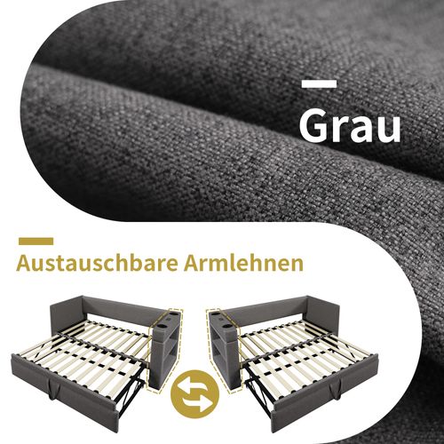 Lit gigogne 90x190 Cm Avec Lit Gigogne, Accoudoirs USB Et Type-c, Lin Gris, Sans Matelas