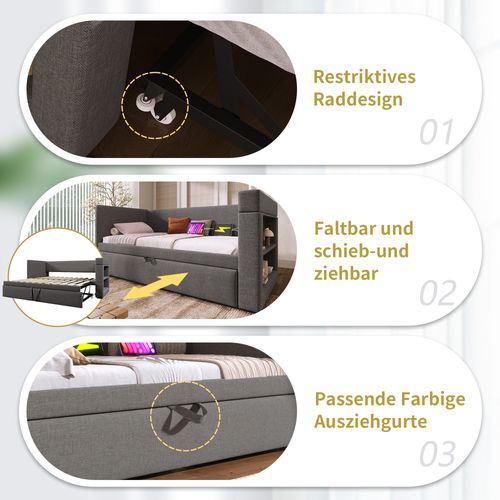 Lit gigogne 90x190 Cm Avec Lit Gigogne, Accoudoirs USB Et Type-c, Lin Gris, Sans Matelas