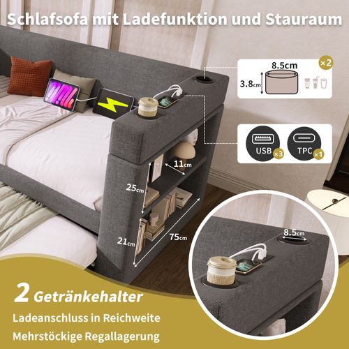 Lit gigogne 90x200 Cm Avec Lit Gigogne, Accoudoirs USB Et Type-c, Lin Gris, Sans Matelas