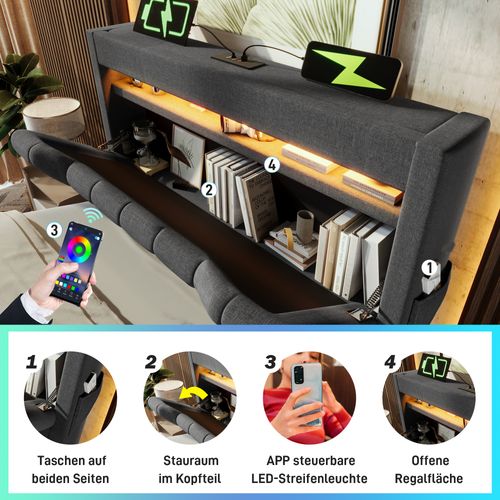 Lit Simple 90x200 Cm Avec LED, Tête De Lit USB/type-c, Rangement Hydraulique, Lin Gris