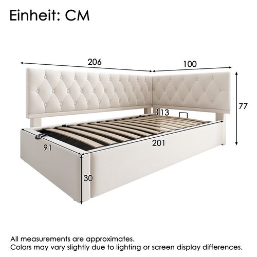 Daybed 90x200 Cm En Velours Beige, Canapé-lit Avec Rangement Hydraulique, Cadre En Bois
