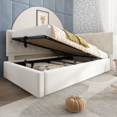 Daybed 90x200 Cm En Velours Beige, Canapé-lit Avec Rangement Hydraulique, Cadre En Bois