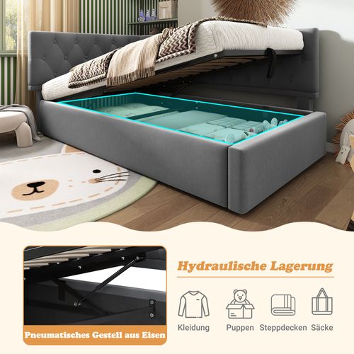 Daybed 90x200 Cm En Velours Gris, Canapé-lit Avec Rangement Hydraulique, Cadre En Bois