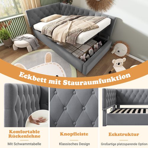 Daybed 90x200 Cm En Velours Gris, Canapé-lit Avec Rangement Hydraulique, Cadre En Bois