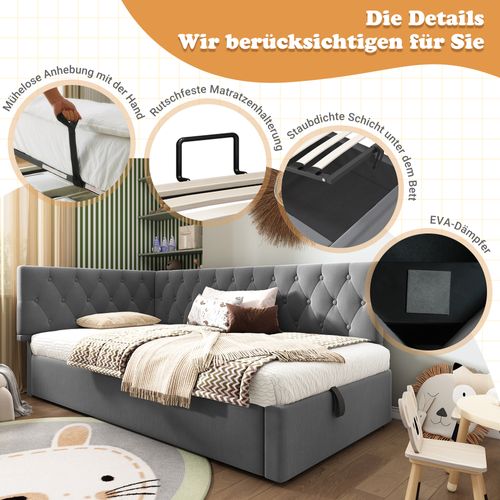 Daybed 90x200 Cm En Velours Gris, Canapé-lit Avec Rangement Hydraulique, Cadre En Bois