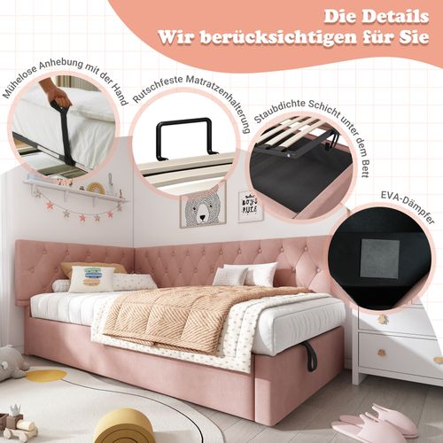 Daybed 90x200 Cm En Velours Rose, Canapé-lit Avec Rangement Hydraulique, Cadre En Bois