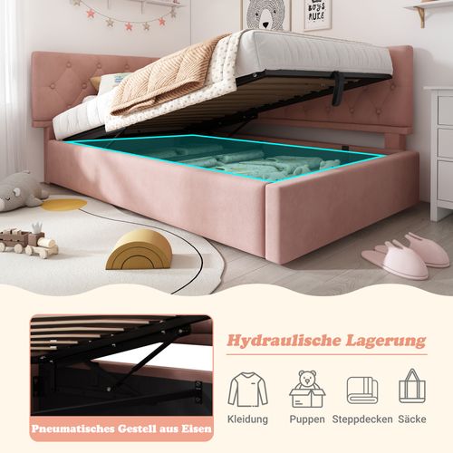 Daybed 90x200 Cm En Velours Rose, Canapé-lit Avec Rangement Hydraulique, Cadre En Bois