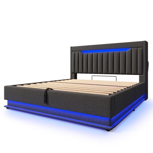 Lit Double 160x200 Cm En Lin Gris Avec Rangement Tête Et LED, Port USB Et Type-c, Coffre Hydraulique