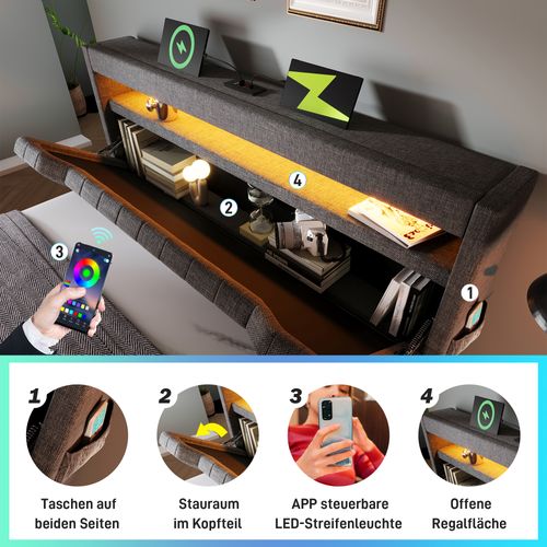 Lit Double 160x200 Cm En Lin Gris Avec Rangement Tête Et LED, Port USB Et Type-c, Coffre Hydraulique