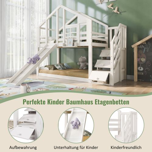 Lit Superposé Cabane Enfant 90x200 Cm Avec Toboggan, Rangements Et Protections, Blanc
