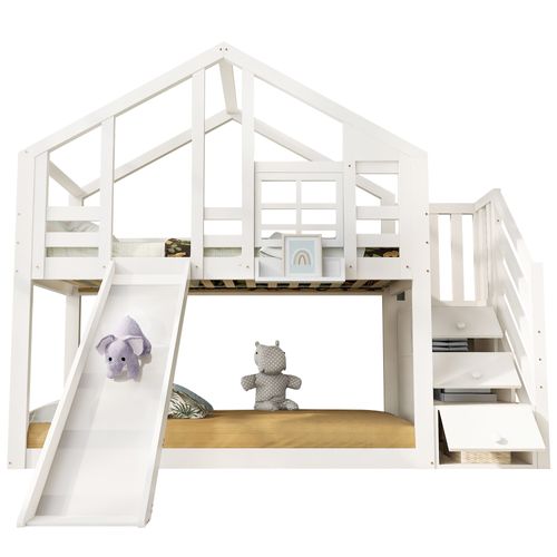 Lit Superposé Cabane Enfant 90x200 Cm Avec Toboggan, Rangements Et Protections, Blanc