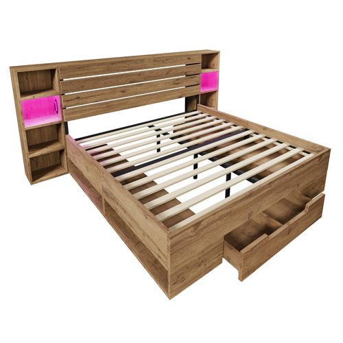 Lit Double 180x200 Cm En Bois Massif Avec LED, USB-c, Rangement Et Tiroirs, Chêne