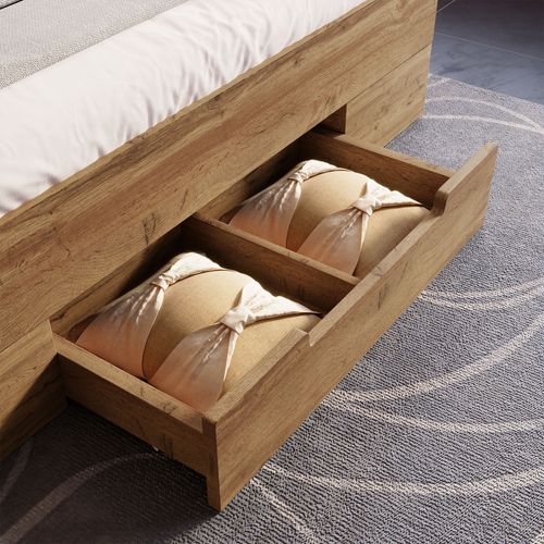 Lit Double 180x200 Cm En Bois Massif Avec LED, USB-c, Rangement Et Tiroirs, Chêne