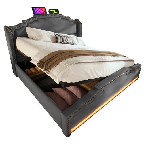 Lit Double 140x200 Cm En Velours Gris Avec Rangement Hydraulique, LED Et USB-c