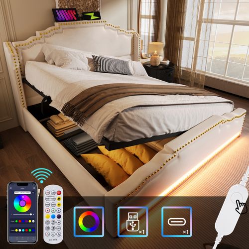 Lit Double 160x200 Cm En Velours Beige Avec Rangement Hydraulique, LED Et USB-c