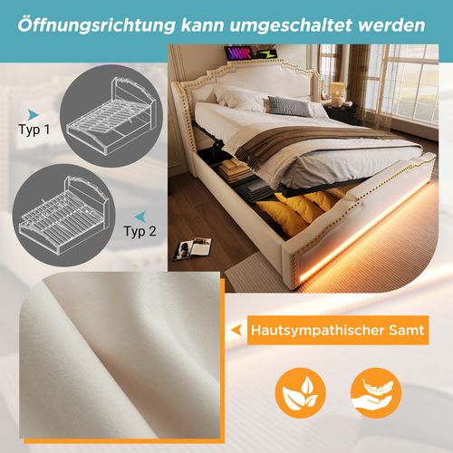 Lit Double 160x200 Cm En Velours Beige Avec Rangement Hydraulique, LED Et USB-c