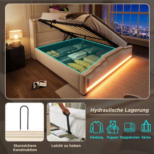 Lit Double 160x200 Cm En Velours Beige Avec Rangement Hydraulique, LED Et USB-c