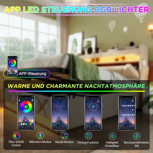 Lit Simple 90x200 Cm Avec LED 360°, Ports USB-c, Tête De Lit Avec Rangement Et Coffre, Beige