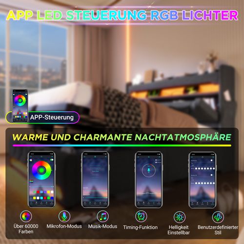 Lit Simple 90x200 Cm Avec LED 360°, Ports USB-c, Tête De Lit Avec Rangement Et Coffre, Gris