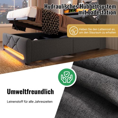 Lit Simple 160x200 Cm Avec LED 360°, Ports USB-c, Tête De Lit Avec Rangement Et Coffre, Gris