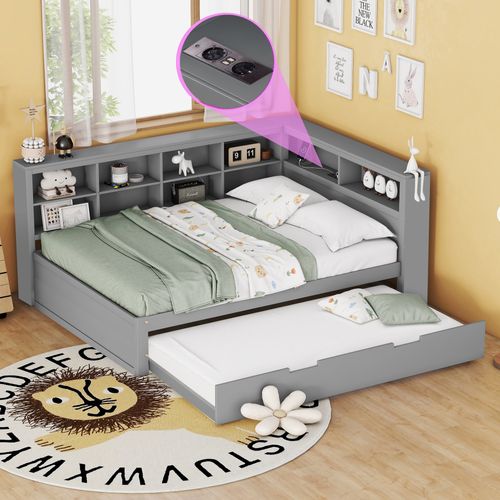 Lit gigogne 140x200 Cm En Bois Massif Avec USB Et Rangements Gris