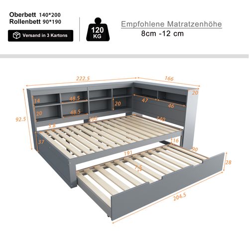 Lit gigogne 140x200 Cm En Bois Massif Avec USB Et Rangements Gris