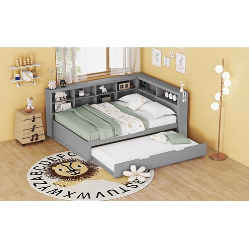 Lit gigogne 140x200 Cm En Bois Massif Avec USB Et Rangements Gris