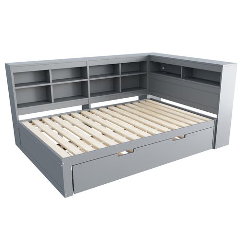 Lit gigogne 140x200 Cm En Bois Massif Avec USB Et Rangements Gris