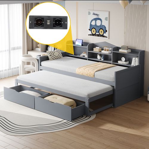 Lit gigogne 90x200 Cm Avec Lit Gigogne, Rangement Et Prise USB, Bois Massif Gris