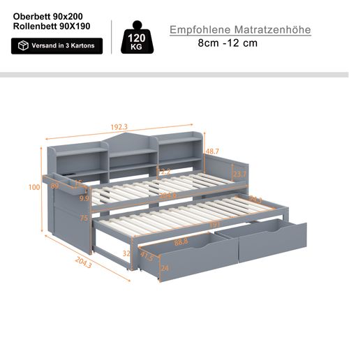 Lit gigogne 90x200 Cm Avec Lit Gigogne, Rangement Et Prise USB, Bois Massif Gris