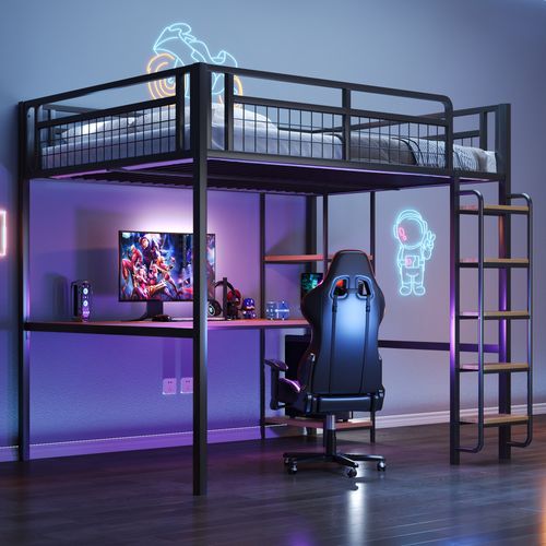 Lit Mezzanine Métal 140x200 Cm Avec Sécurité, Bureau, Étagères Et Escalier, Noir