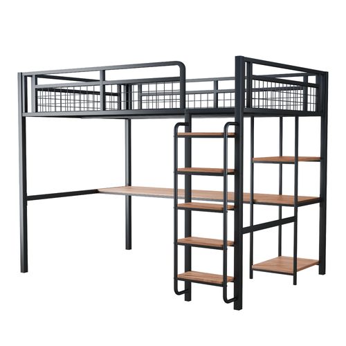 Lit Mezzanine Métal 140x200 Cm Avec Sécurité, Bureau, Étagères Et Escalier, Noir